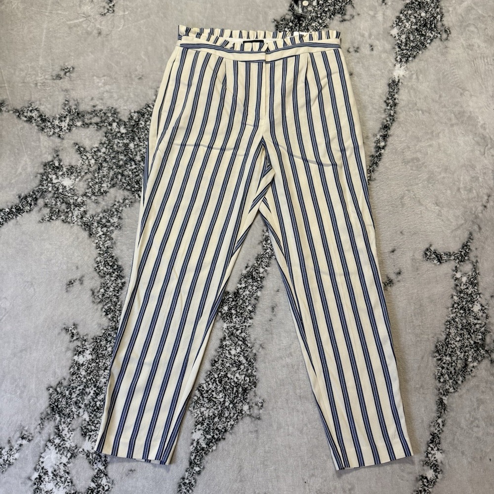 Express Pants Womens Size 10R White Blue Striped Ankle High Rise Trouser Pull On
